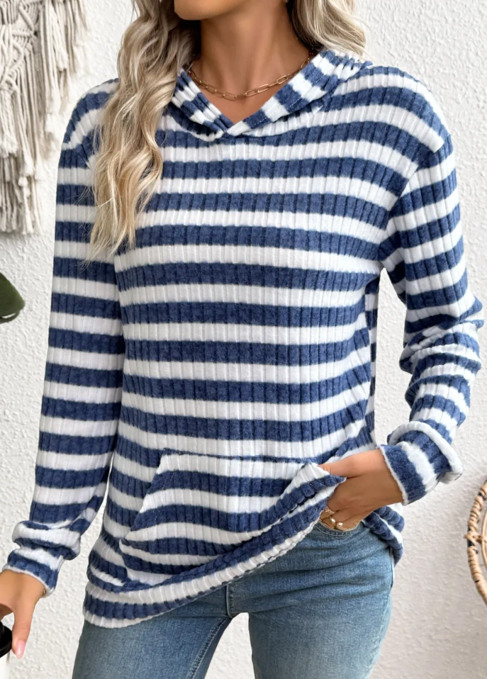 Blue Kangaroo Pocket Striped Long Sleeve Hoodie