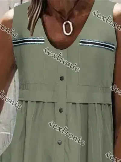 Women Sleeveless V-neck Button Stitching Solid Top