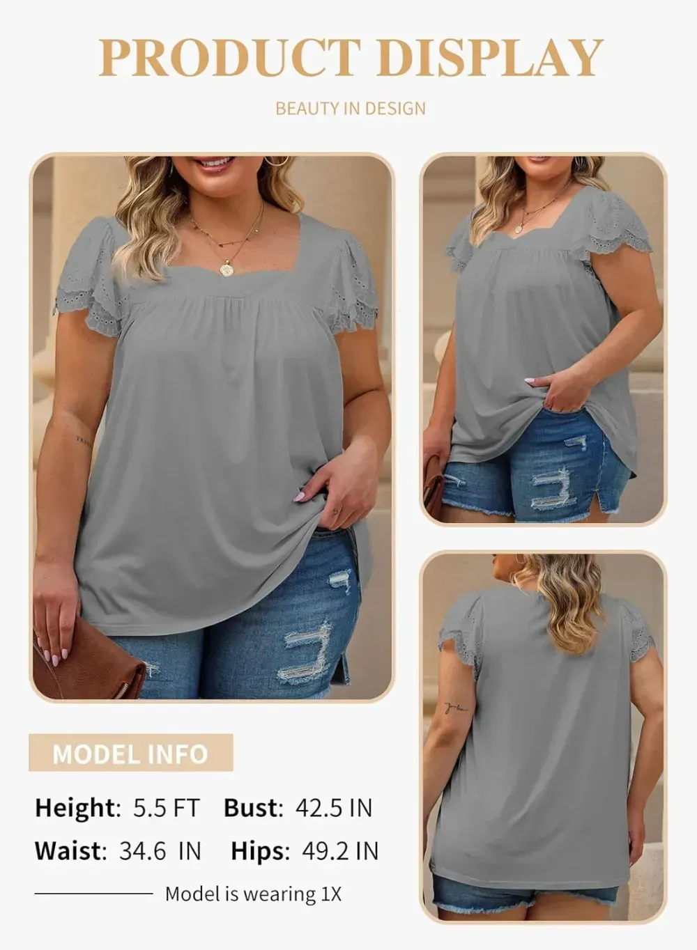 Eytino Womens Plus Size Tops Ruffle Short Sleeve Square Neck Summer Loose Casual Tee Shirts(1X-5X)