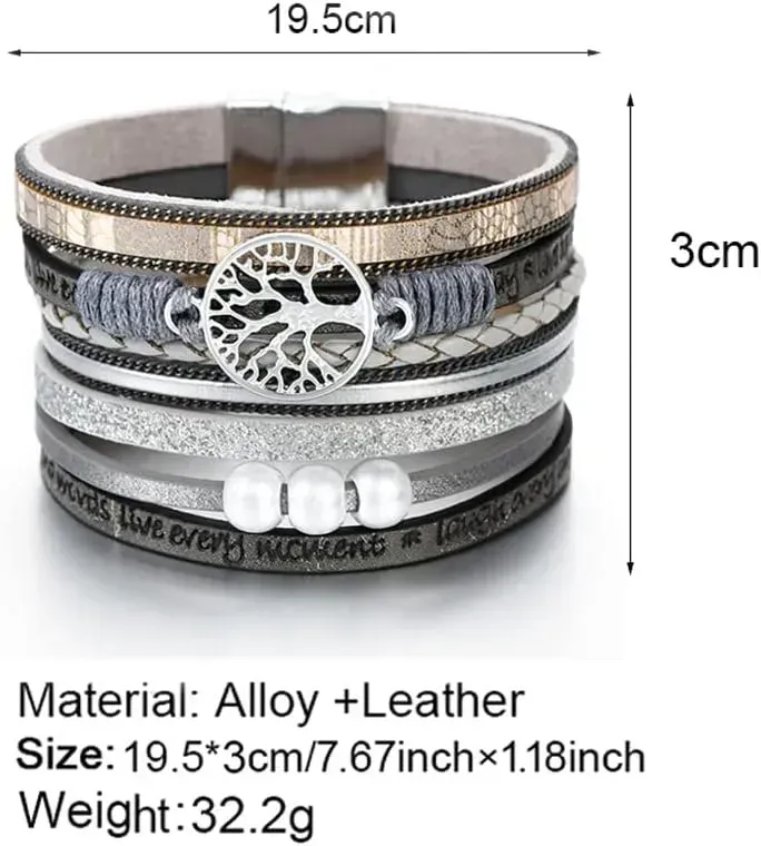 Fesciory Leather Wrap Bracelets for Women, Boho Leopard Multi-Layer Crystal Beads Cuff Bracelet Jewelry