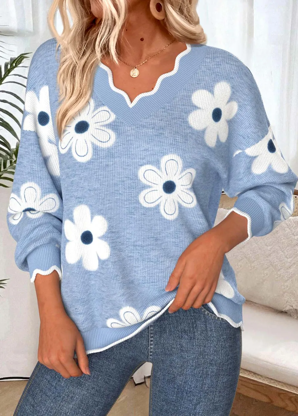 Dusty Blue Scalloped Hem Floral Print Long Sleeve Sweatshirt