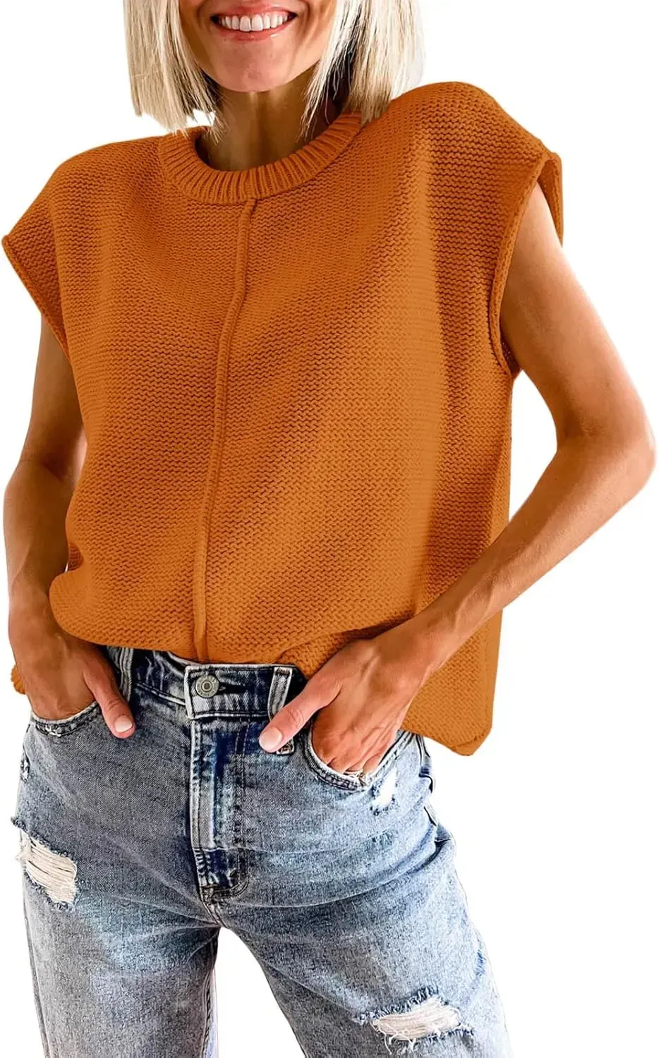 Saodimallsu Womens Summer Cap Sleeve Tops Casual Crew Neck Loose Fit Knit Lightweight Sweater Pullover Top