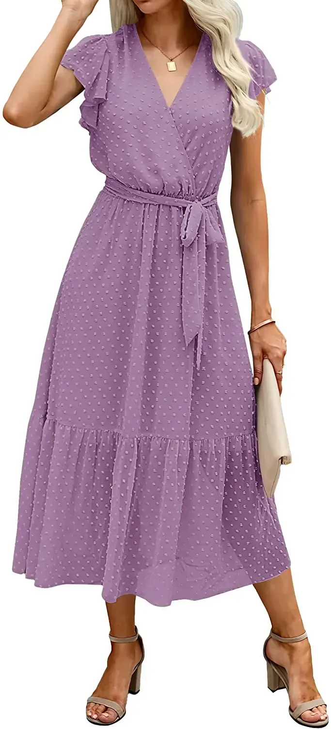 Women Summer Bohemian Floral Casual Wrap V Neck Ruffle Cap Sleeveless Belt A-Line Pleated Hem Swing Midi Sun Dress