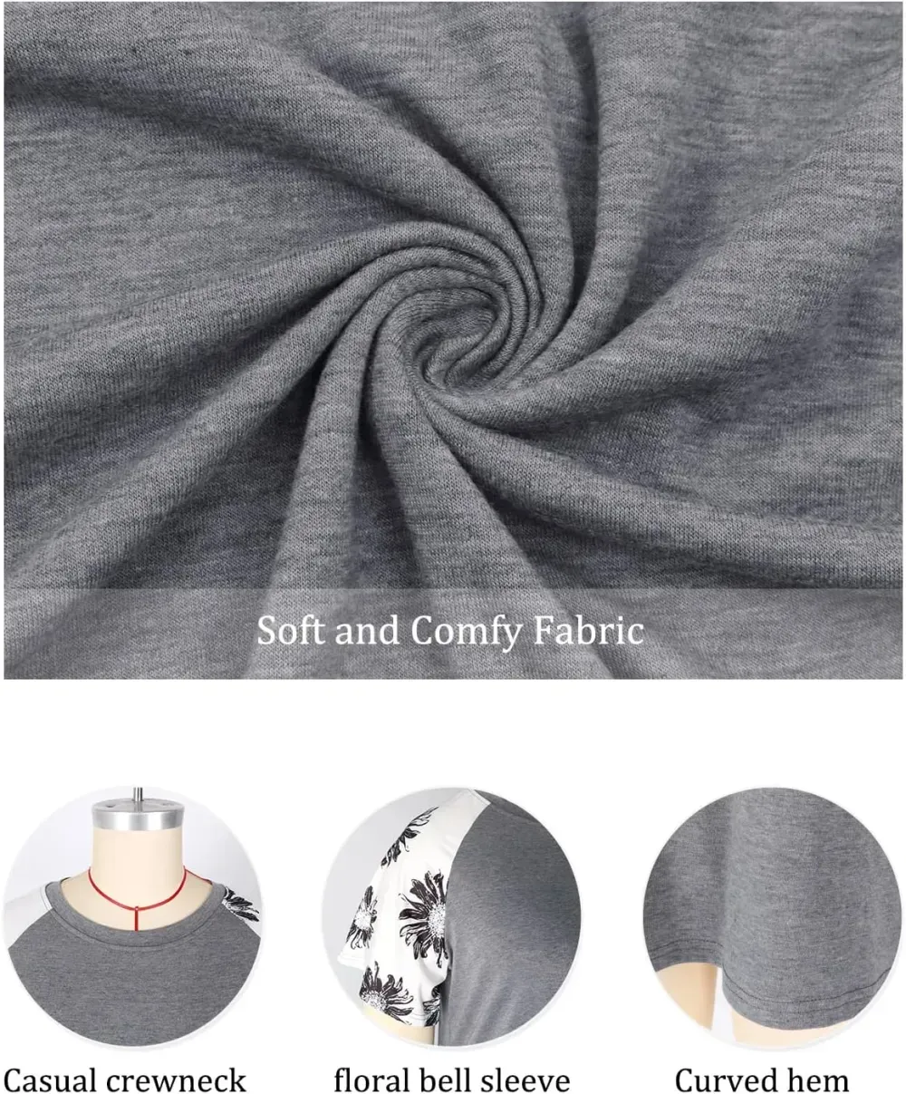 HDLTE Womens Plus Size Tops Floral Bell Sleeves Blouses Summer Crewneck Tunic Loose Casual T Shirts