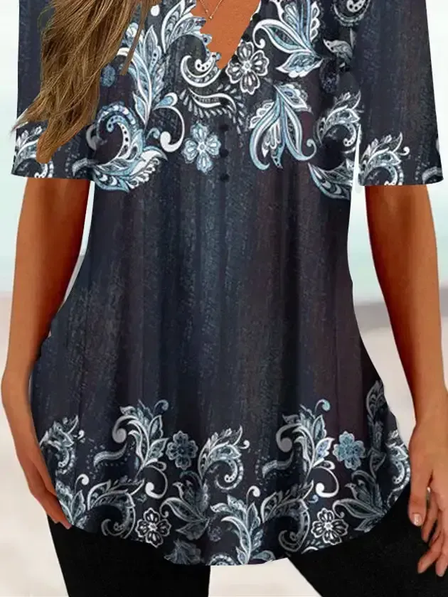 Women Half Sleeve V-neck Floral Printed Tops