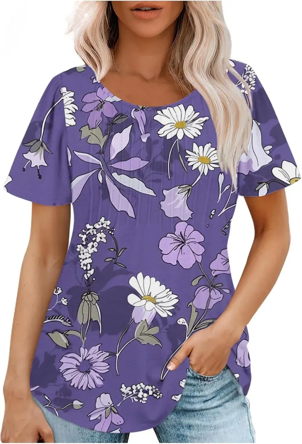 Womens Summer Pleated Front Shirts Tunics Casual Short Sleeved Loose Round Neck Boho Printed Tops Vacation Blouse