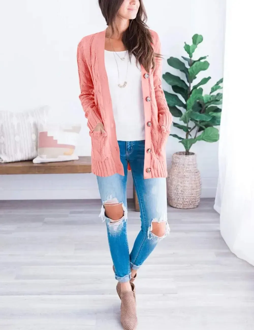 MEROKEETY Women's 2024 Fall Long Sleeve Cable Knit Sweater Open Front Cardigan Button Loose Outerwear