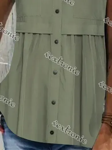 Women Sleeveless V-neck Button Stitching Solid Top