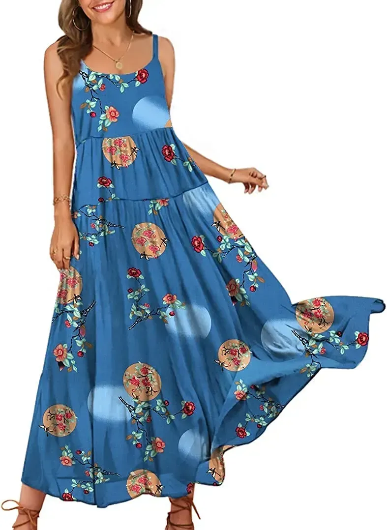 Summer Dresses for Women Casual Loose Bohemian Floral Dress with Pockets Spaghetti Strap Maxi Dress E75