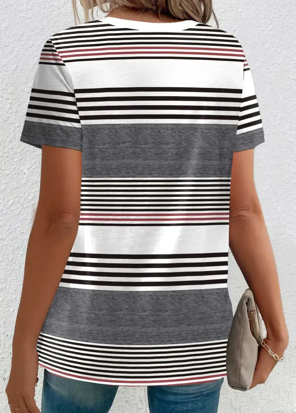Multi Color Button Striped Short Sleeve T Shirt