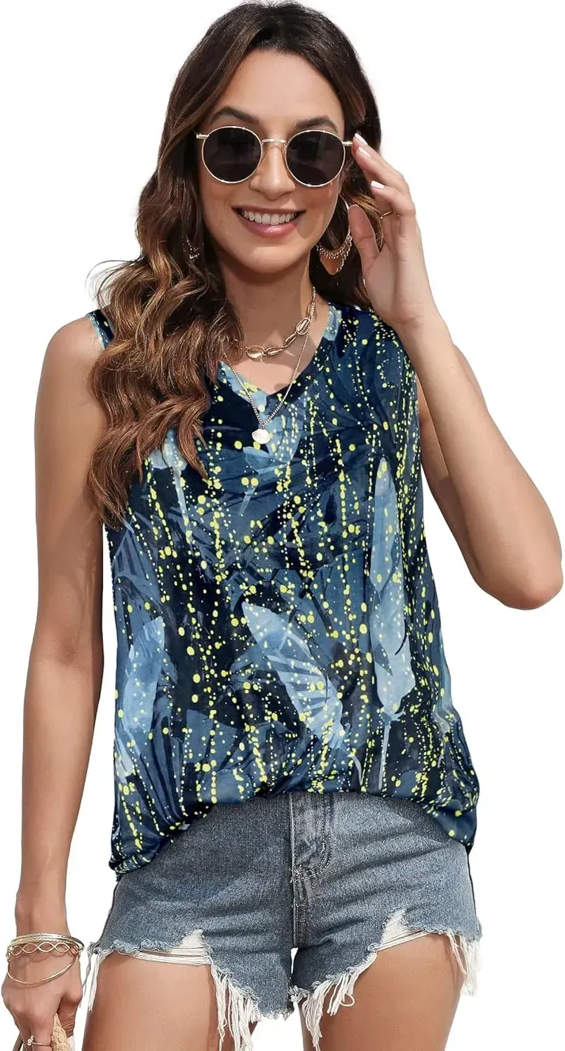 Summer Tops for Women Sleeveless V Neck Tshirt Loose Fit Casual Tank Tunic Blouse