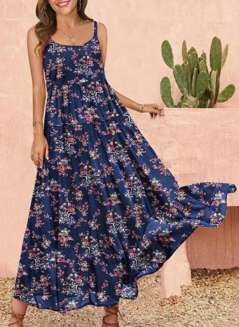 Summer Dresses for Women Casual Loose Bohemian Floral Dress with Pockets Spaghetti Strap Maxi Dress E75