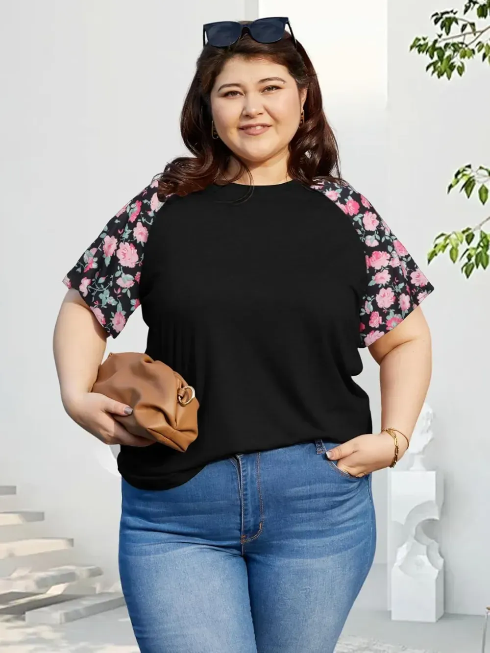 HDLTE Womens Plus Size Tops Floral Bell Sleeves Blouses Summer Crewneck Tunic Loose Casual T Shirts