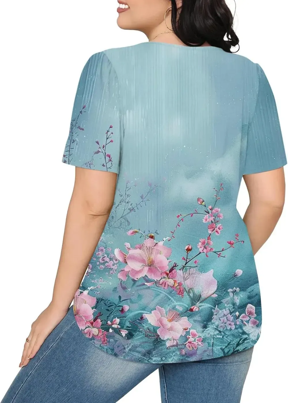 Womens Summer Pleated Front Shirts Tunics Casual Short Sleeved Loose Round Neck Boho Printed Tops Vacation Blouse