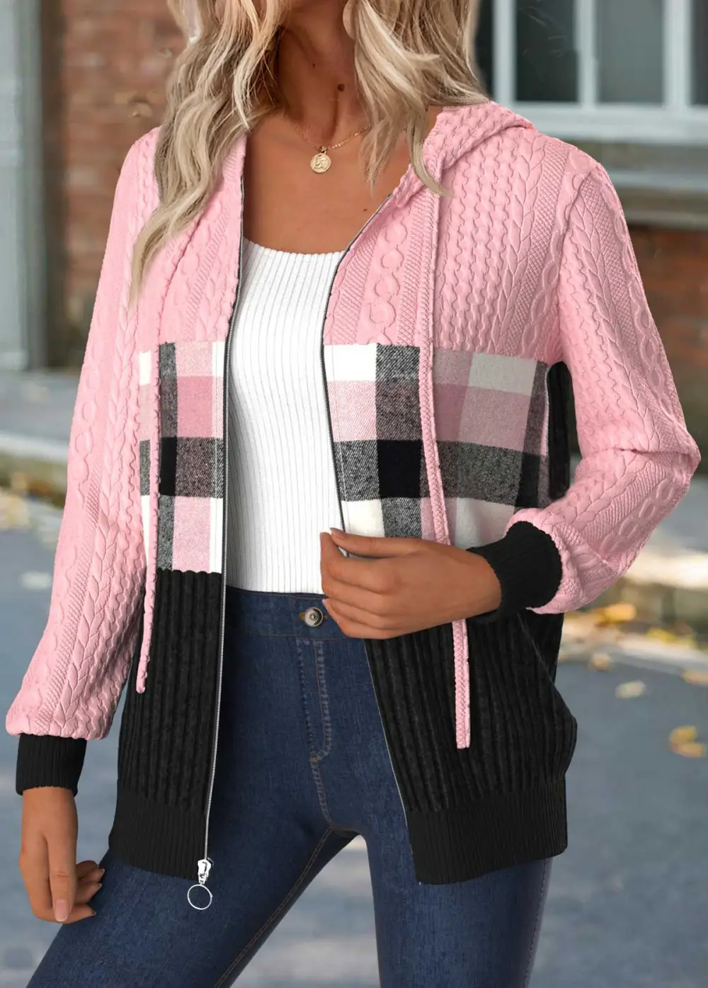 Light Pink Tummy Coverage Plaid Long Sleeve Hooded Coat