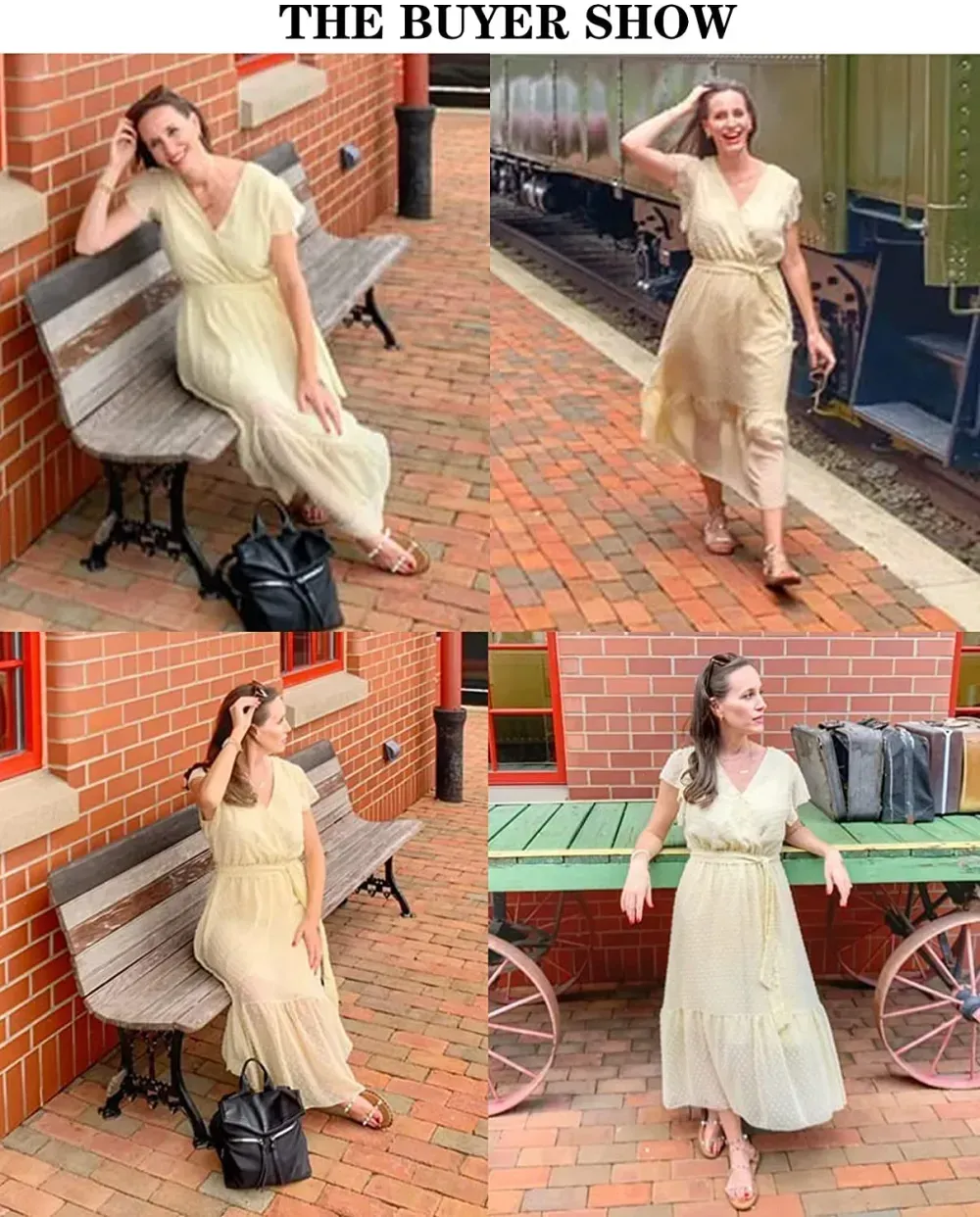 Women Summer Bohemian Floral Casual Wrap V Neck Ruffle Cap Sleeveless Belt A-Line Pleated Hem Swing Midi Sun Dress