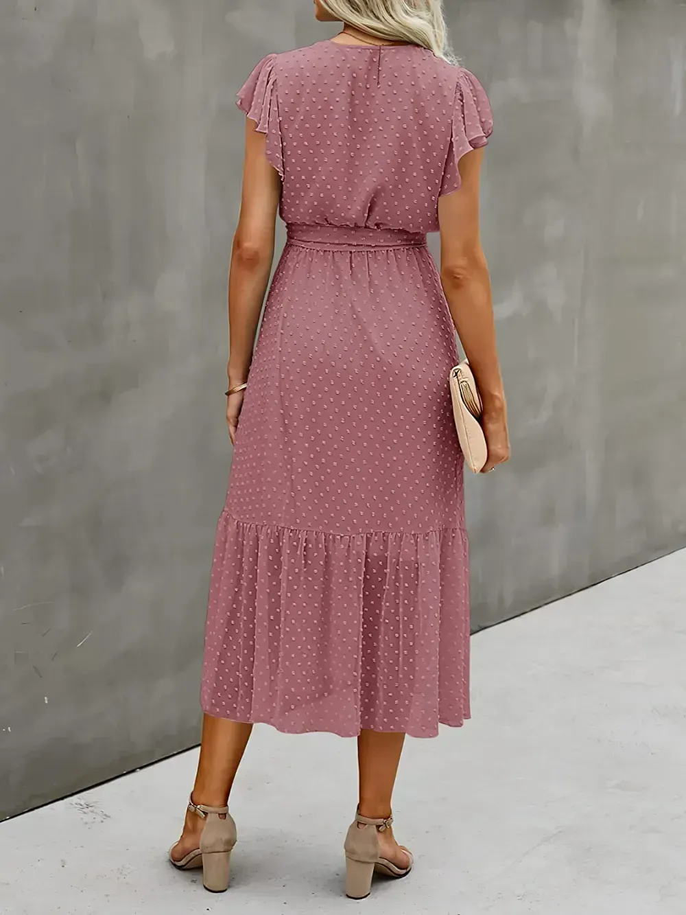 Women Summer Bohemian Floral Casual Wrap V Neck Ruffle Cap Sleeveless Belt A-Line Pleated Hem Swing Midi Sun Dress