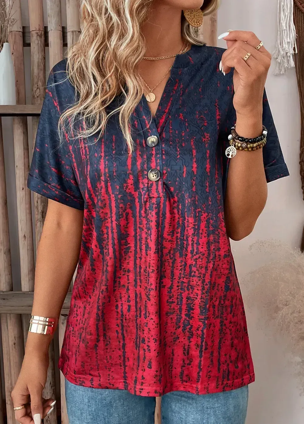 Wine Red Button Ombre Short Sleeve T Shirt