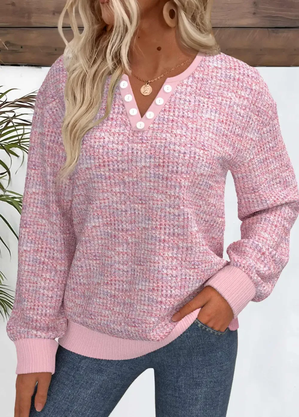Light Pink Button Dazzle Colorful Print Long Sleeve Sweatshirt