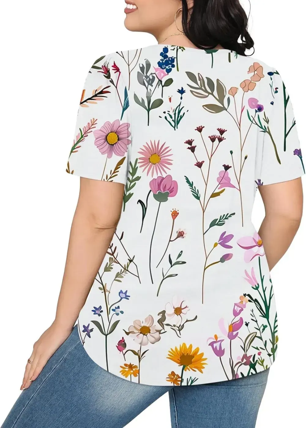 Womens Summer Pleated Front Shirts Tunics Casual Short Sleeved Loose Round Neck Boho Printed Tops Vacation Blouse