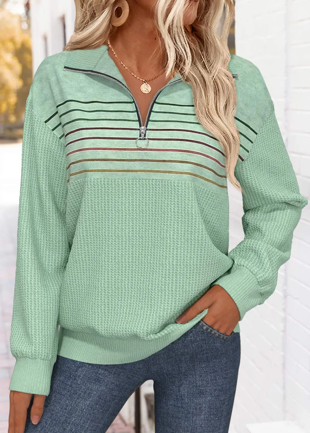 Sage Green Tummy Coverage Striped Long Sleeve Sweatshirt