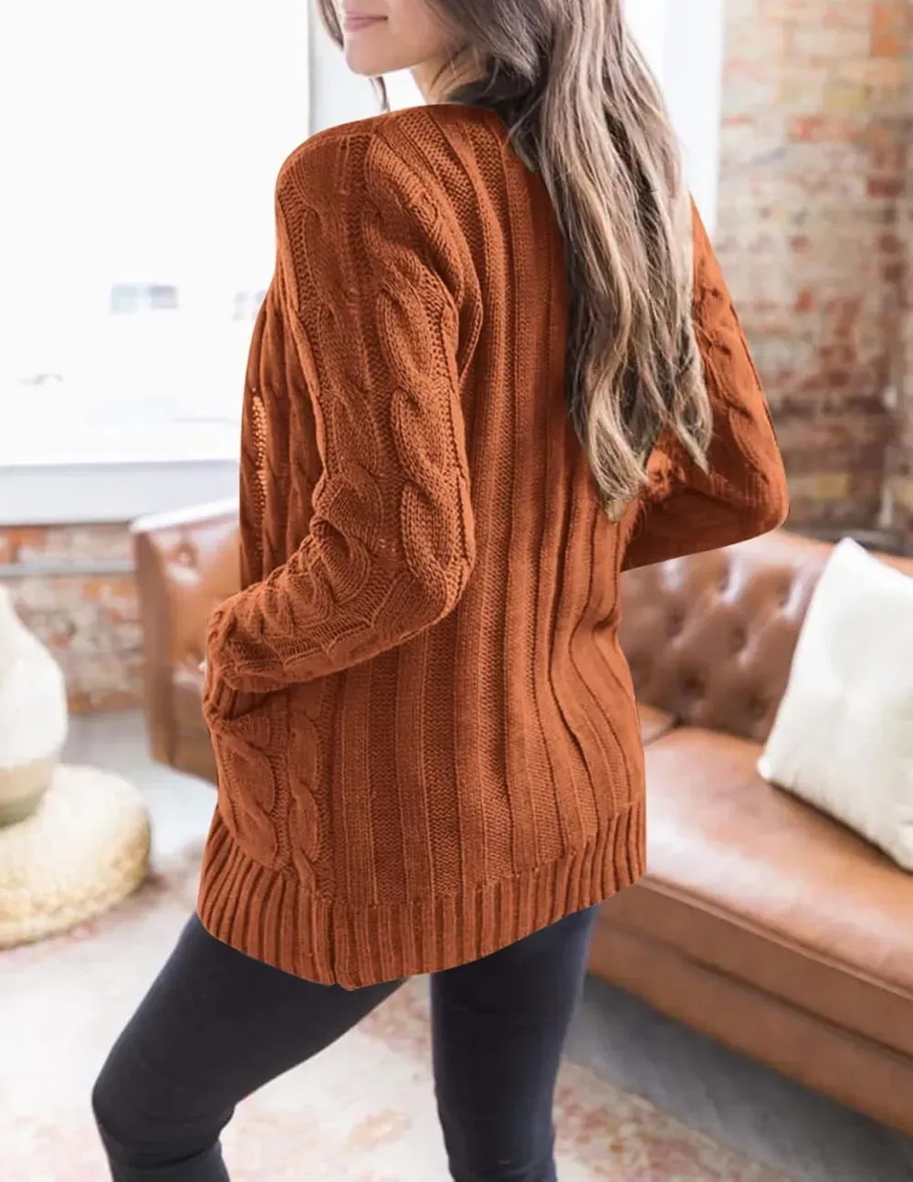 MEROKEETY Women's 2024 Fall Long Sleeve Cable Knit Sweater Open Front Cardigan Button Loose Outerwear