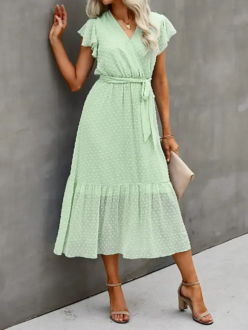 Women Summer Bohemian Floral Casual Wrap V Neck Ruffle Cap Sleeveless Belt A-Line Pleated Hem Swing Midi Sun Dress