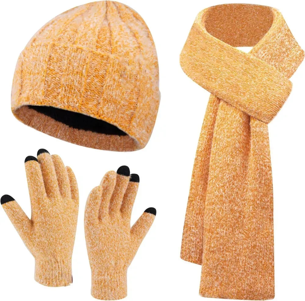 Womens Winter Warm Knit Beanie Hat Touchscreen Gloves Long Scarf Set with Fleece Lined Skull Caps Neck Scarves for Women Men