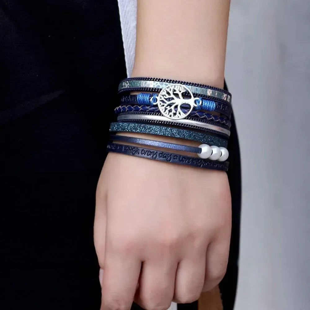 Fesciory Leather Wrap Bracelets for Women, Boho Leopard Multi-Layer Crystal Beads Cuff Bracelet Jewelry