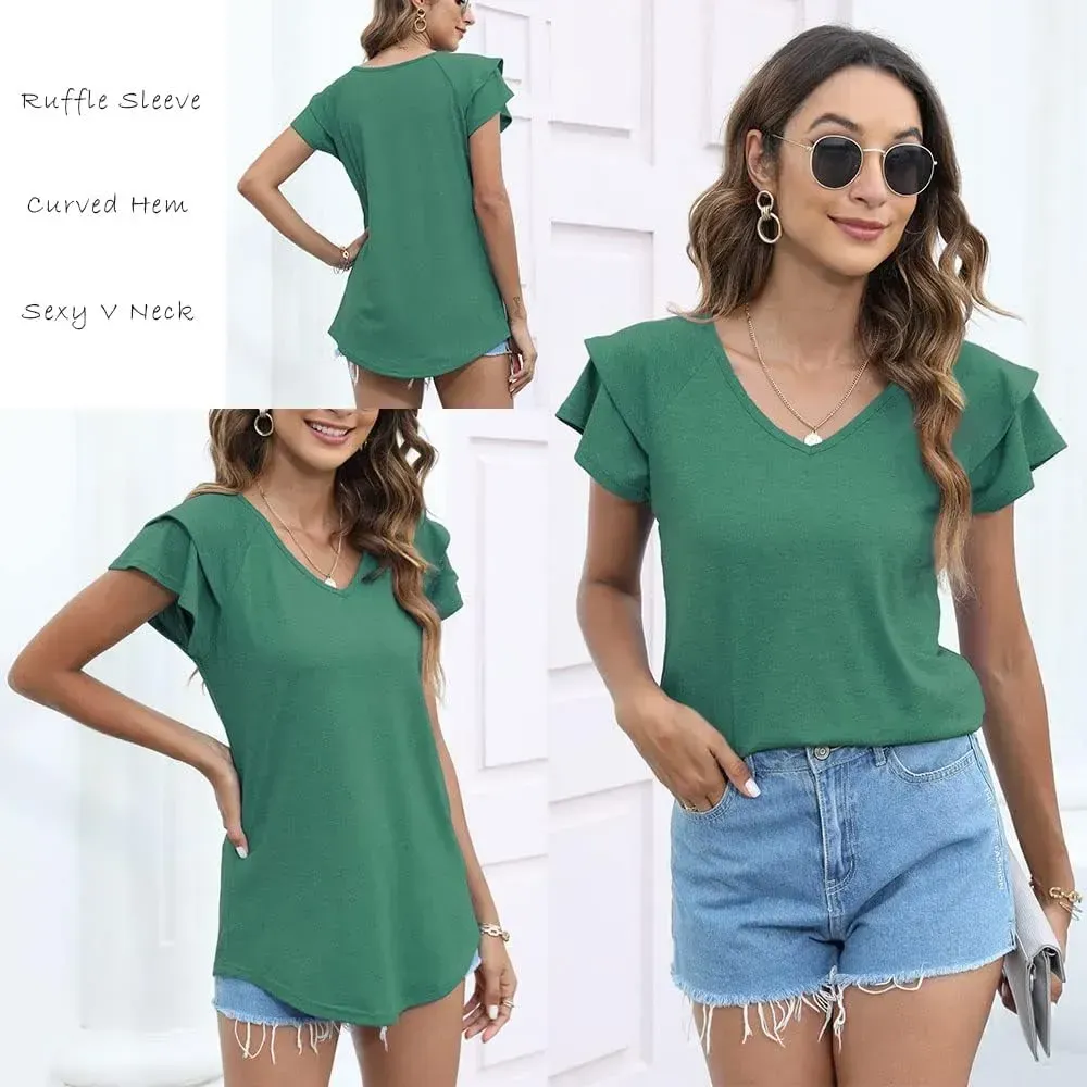 T&Twenties Womens Summer Tops Ruffle Short Sleeve Tunic Tops V Neck Loose Fit Flowy T-Shirts