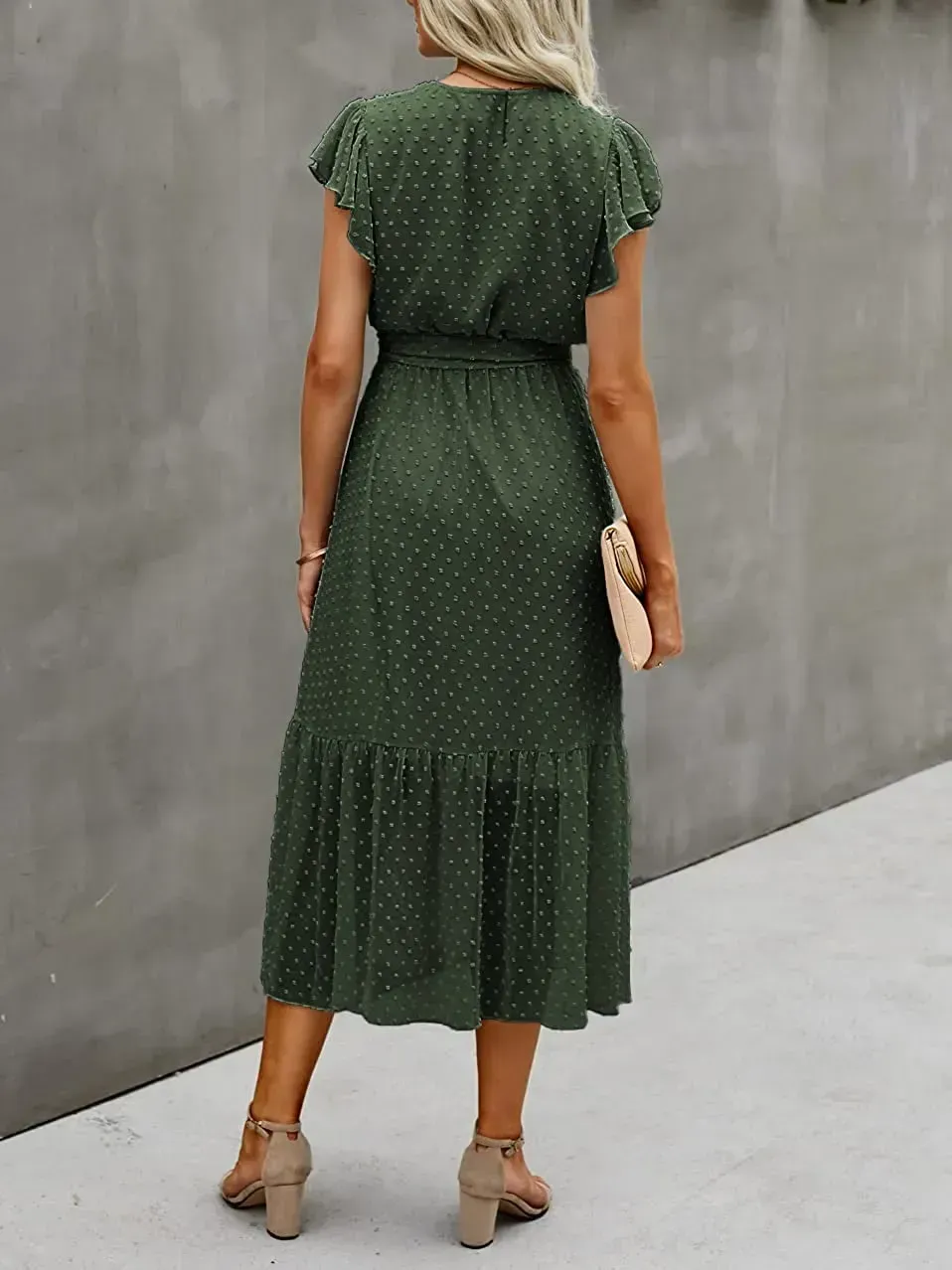 Women Summer Bohemian Floral Casual Wrap V Neck Ruffle Cap Sleeveless Belt A-Line Pleated Hem Swing Midi Sun Dress