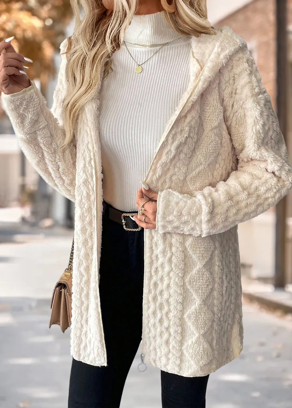 Beige Tummy Coverage Long Sleeve Hooded Coat