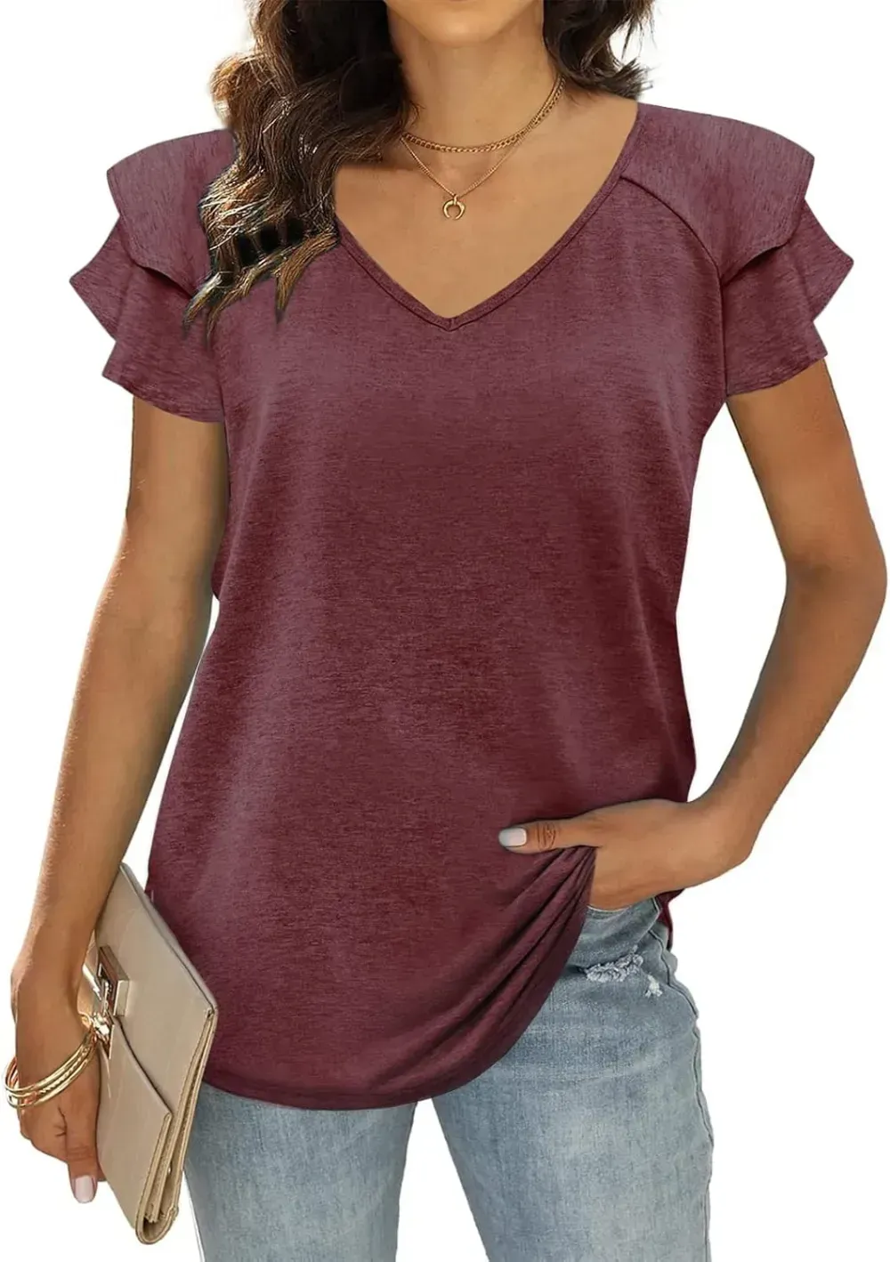 T&Twenties Womens Summer Tops Ruffle Short Sleeve Tunic Tops V Neck Loose Fit Flowy T-Shirts