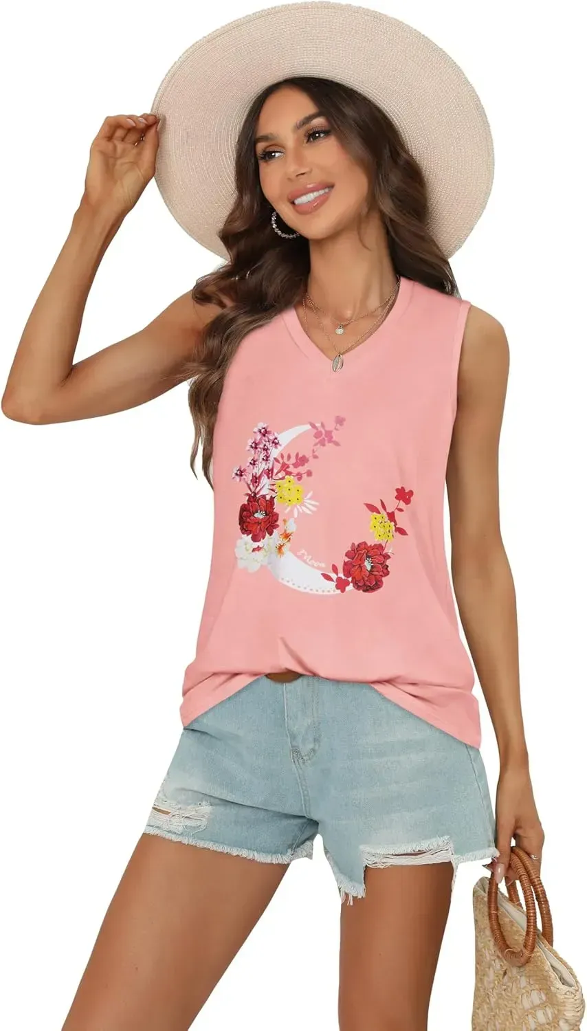 Summer Tops for Women Sleeveless V Neck Tshirt Loose Fit Casual Tank Tunic Blouse