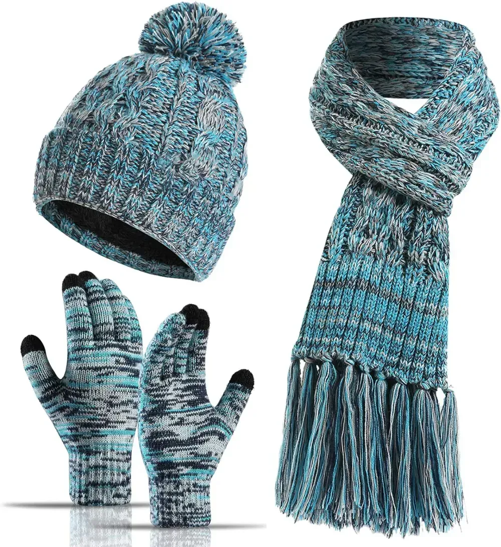 Honnesserry Winter Warm Beanie Hat Scarf and Touchscreen Gloves Set for Womens Skull Caps Neck Scarves with Fleece Lined