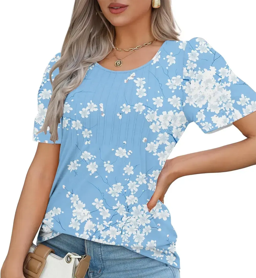 Womens Summer Pleated Front Shirts Tunics Casual Short Sleeved Loose Round Neck Boho Printed Tops Vacation Blouse