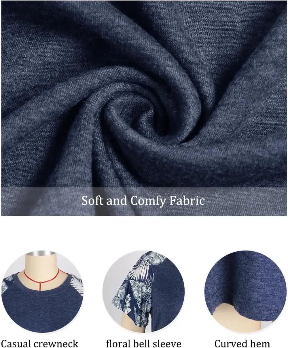HDLTE Womens Plus Size Tops Floral Bell Sleeves Blouses Summer Crewneck Tunic Loose Casual T Shirts