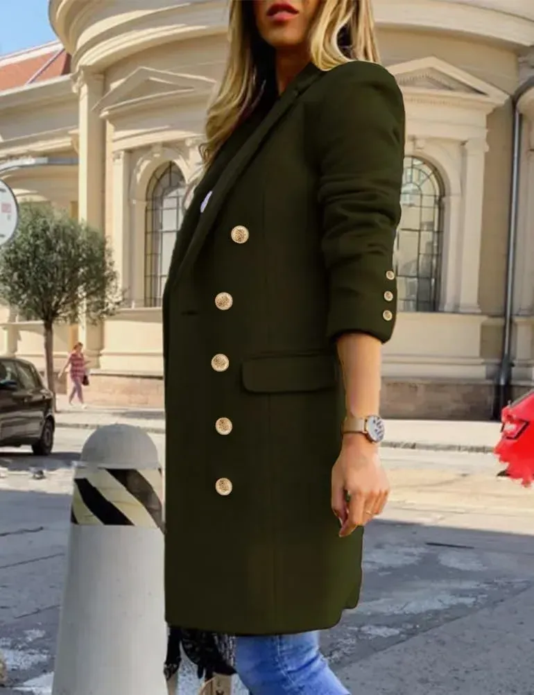 Womens Fall Winter Wool Coats Double Breasted Midi Peacoat Trench Coats