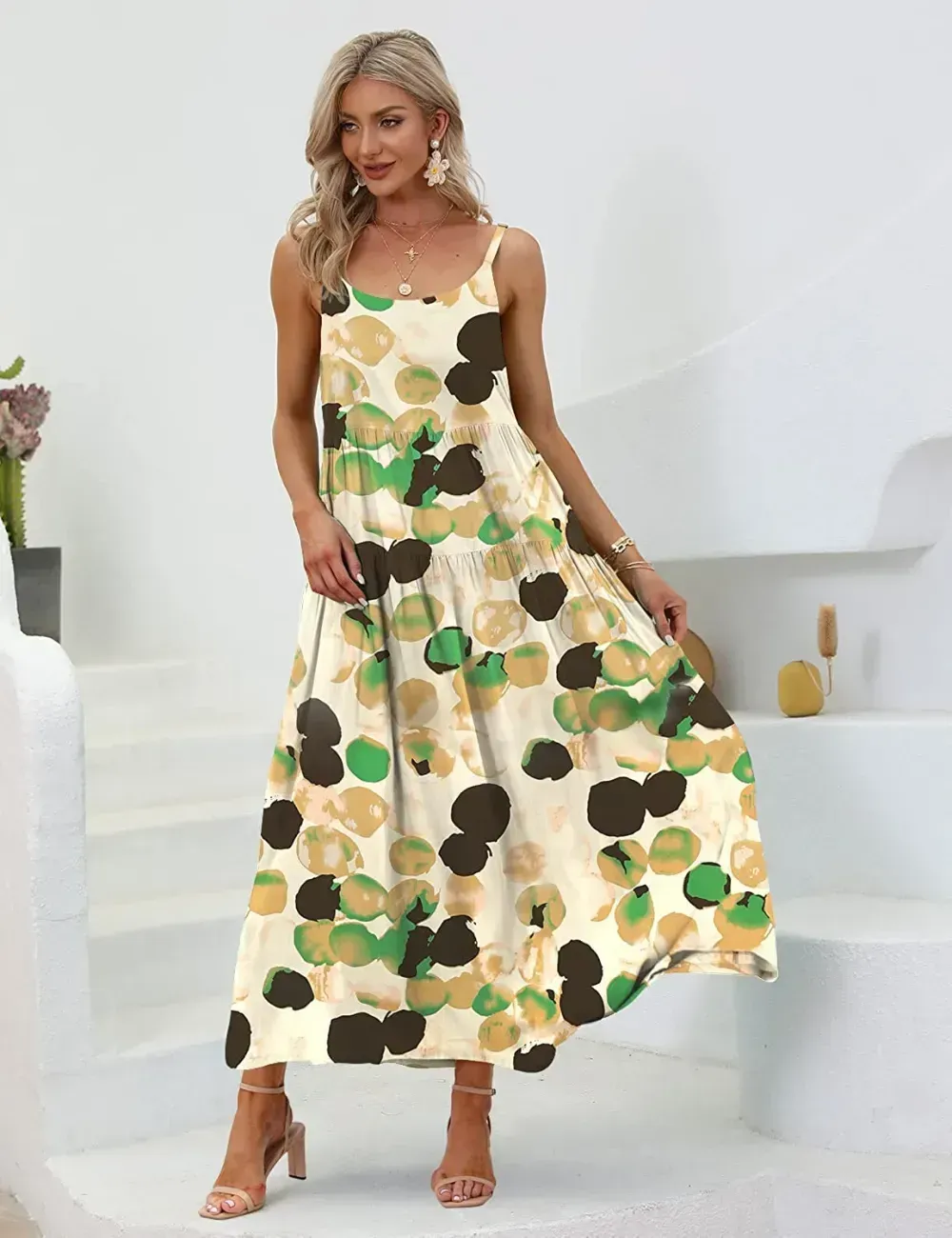 Summer Dresses for Women Casual Loose Bohemian Floral Dress with Pockets Spaghetti Strap Maxi Dress E75