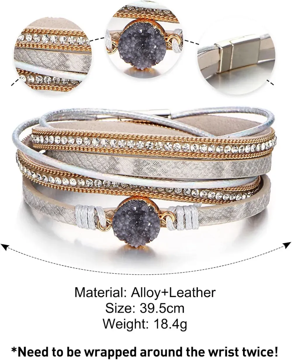 Fesciory Leather Wrap Bracelets for Women, Boho Leopard Multi-Layer Crystal Beads Cuff Bracelet Jewelry