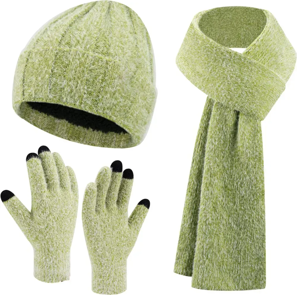 Womens Winter Warm Knit Beanie Hat Touchscreen Gloves Long Scarf Set with Fleece Lined Skull Caps Neck Scarves for Women Men