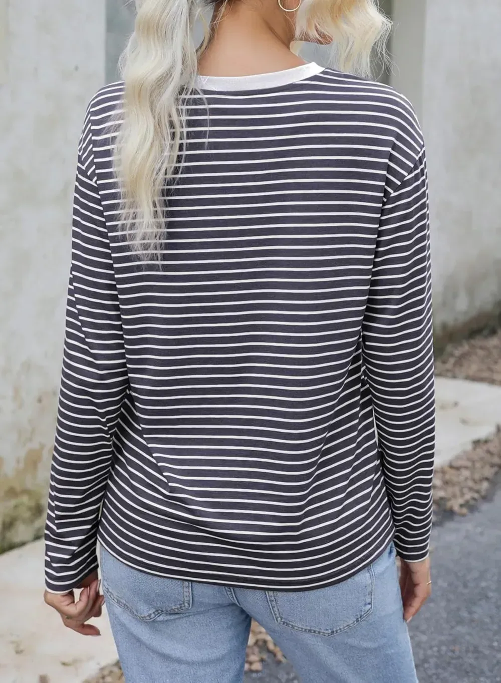 Dokotoo Women's Casual Striped Long Sleeve Tops Crew Neck Knit Ribbed Basic T Shirts