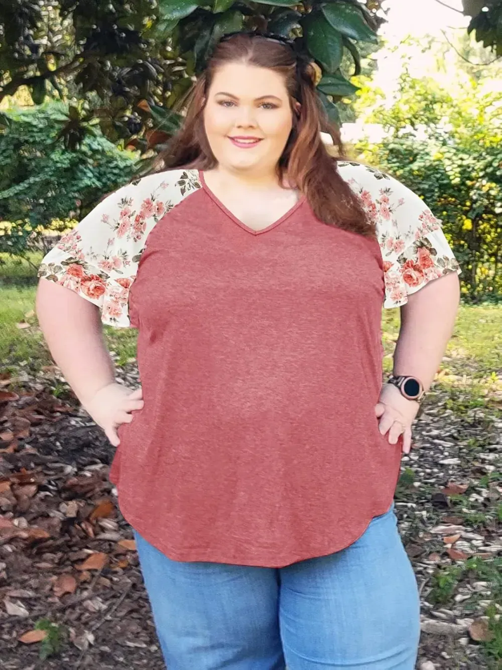 HDLTE Womens Plus Size Tops Floral Bell Sleeves Blouses Summer Crewneck Tunic Loose Casual T Shirts