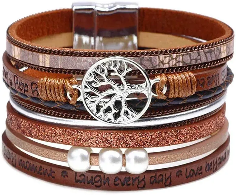 Fesciory Leather Wrap Bracelets for Women, Boho Leopard Multi-Layer Crystal Beads Cuff Bracelet Jewelry