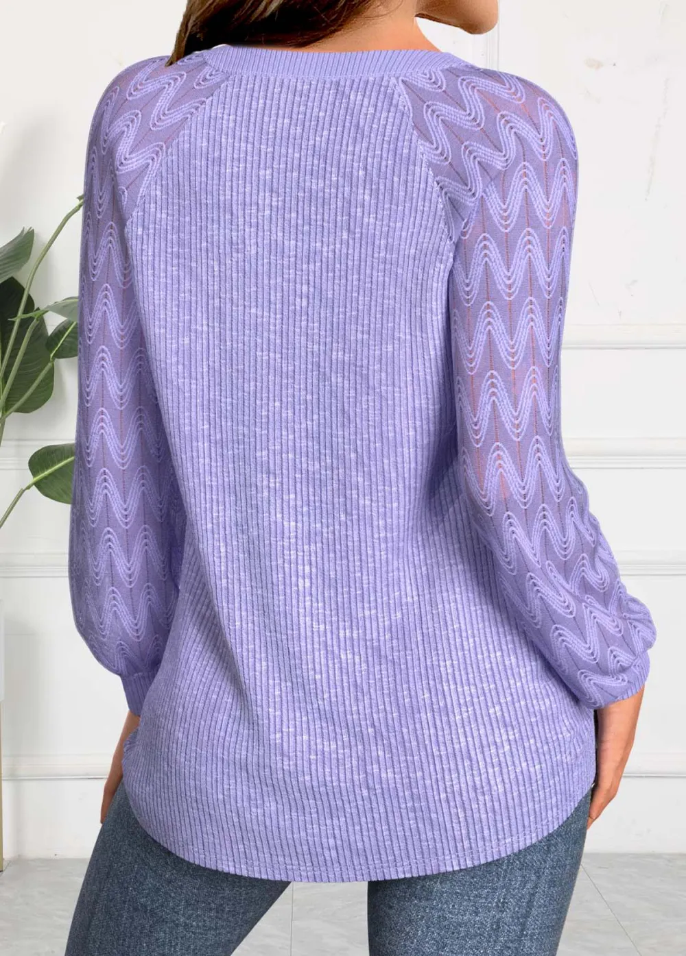 Light Purple Lace Long Sleeve Round Neck Sweatshirt