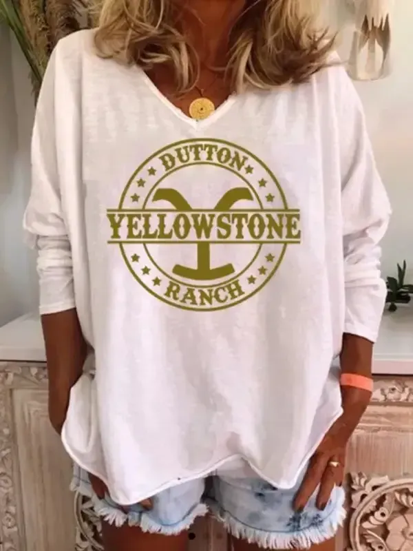 Women's T-Shirts Loose Print V-Neck Long Sleeve T-Shirt(⚡Clearance Sale)