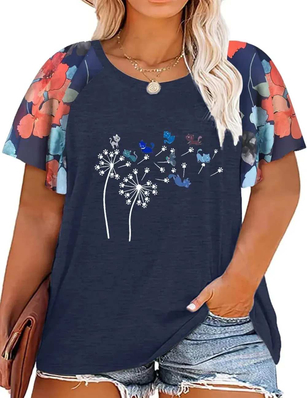 HDLTE Womens Plus Size Tops Floral Bell Sleeves Blouses Summer Crewneck Tunic Loose Casual T Shirts