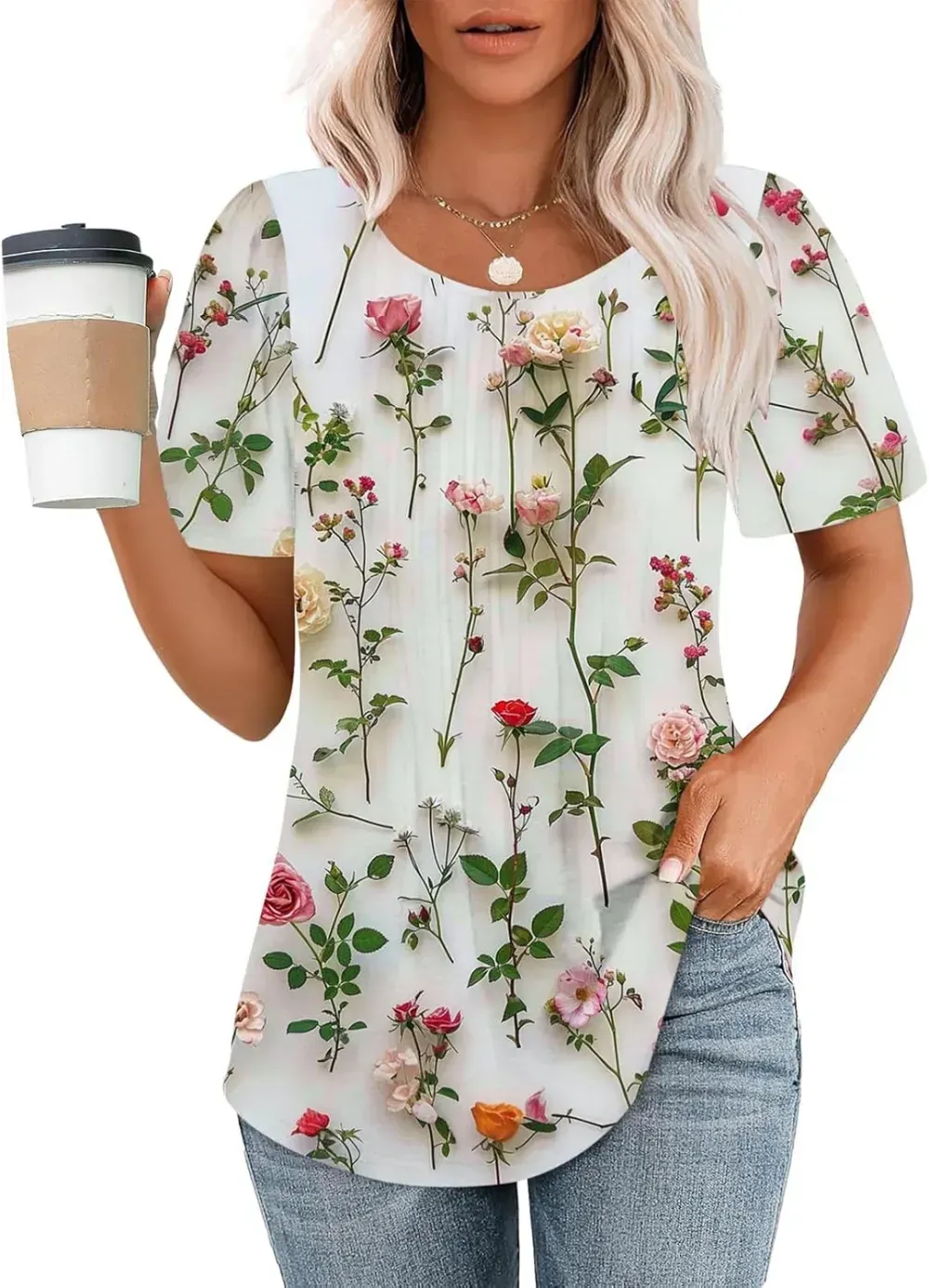 Womens Summer Pleated Front Shirts Tunics Casual Short Sleeved Loose Round Neck Boho Printed Tops Vacation Blouse