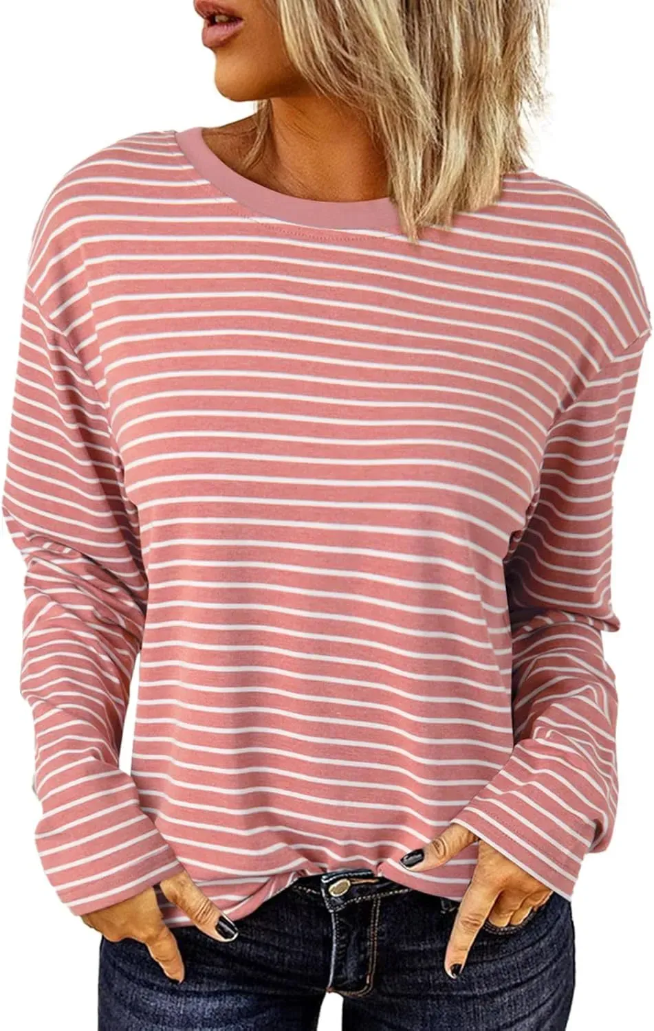 Dokotoo Women's Casual Striped Long Sleeve Tops Crew Neck Knit Ribbed Basic T Shirts