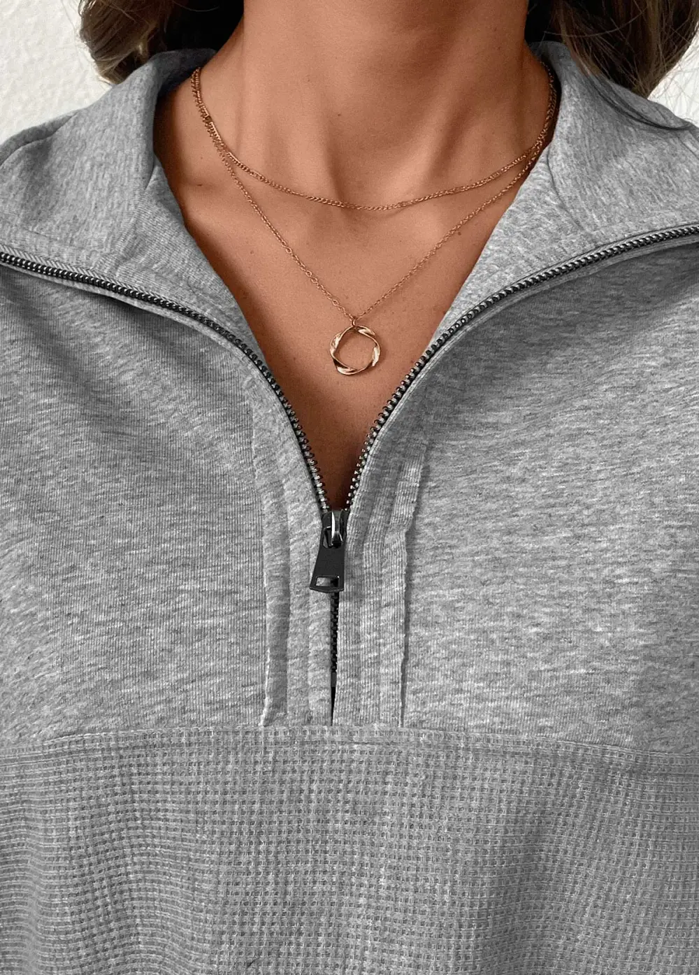 Grey Tummy Coverage Long Sleeve Turn Down Collar Sweatshirt